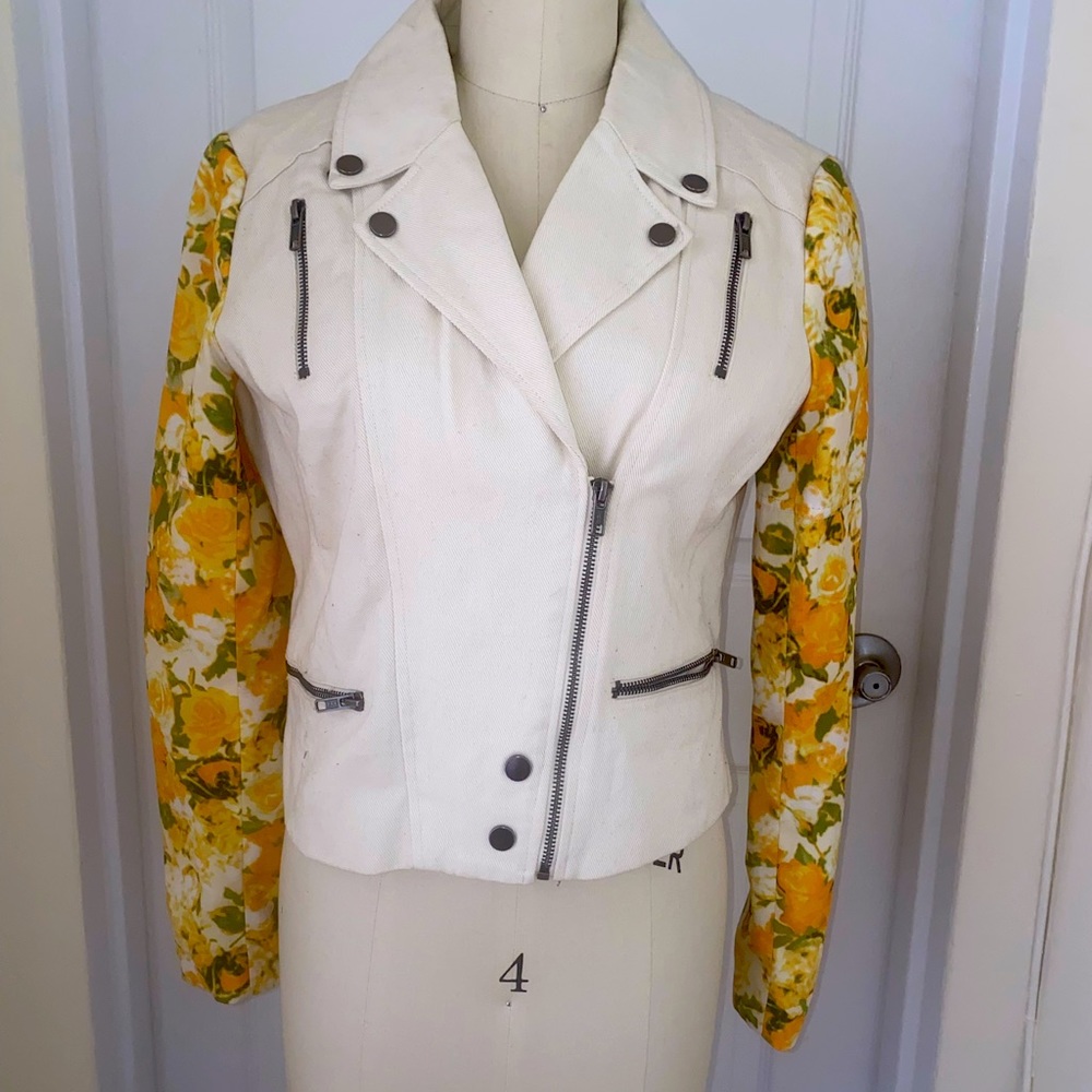 Denim moto jacket with printed sleeves